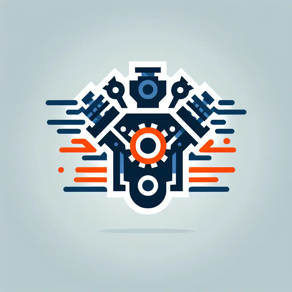 Create a simplistic logo in a shape of motor engine tear down for internet company offering fast websites. Use navy and orange colors.