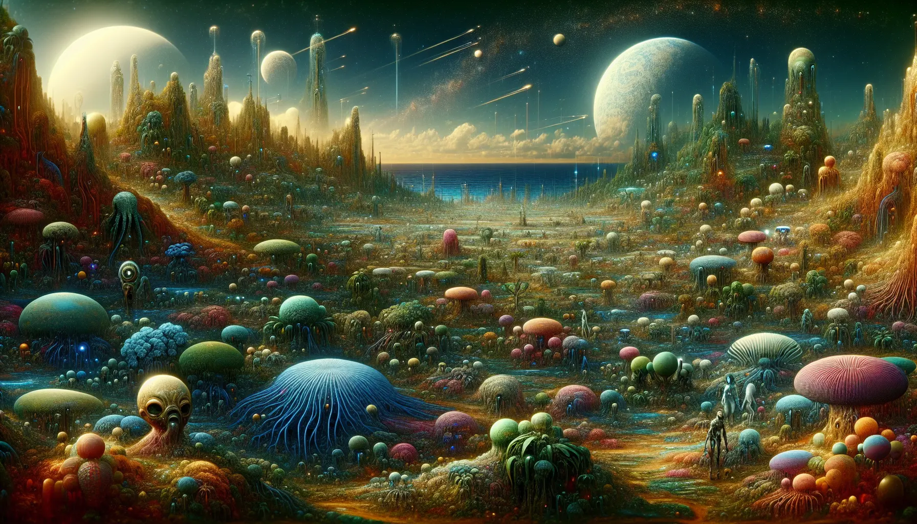 Generate a sci-fi scene set on a distant alien planet with unique flora and fauna.