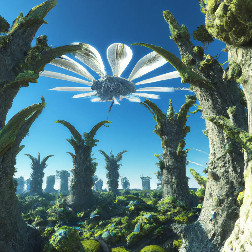 Generate a sci-fi scene set on a distant alien planet with unique flora and fauna.