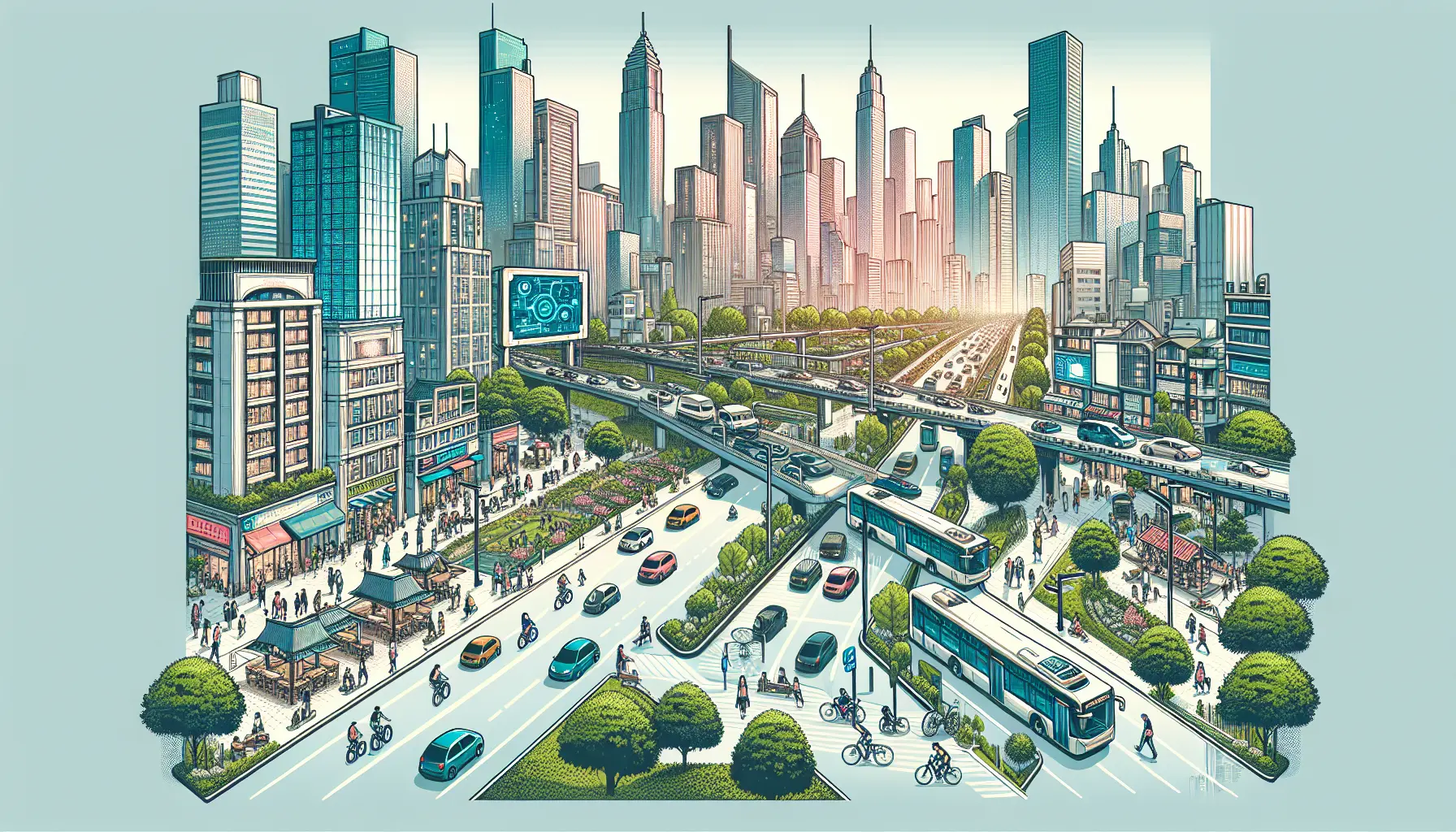 Generate an illustration of a bustling city skyline with iconic landmarks and busy streets to represent our urban website.